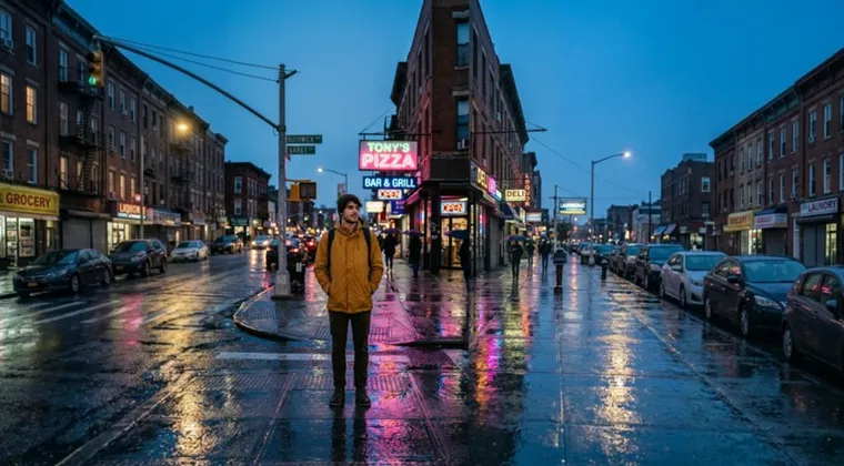 Rainy city street at dusk with neon shop signs